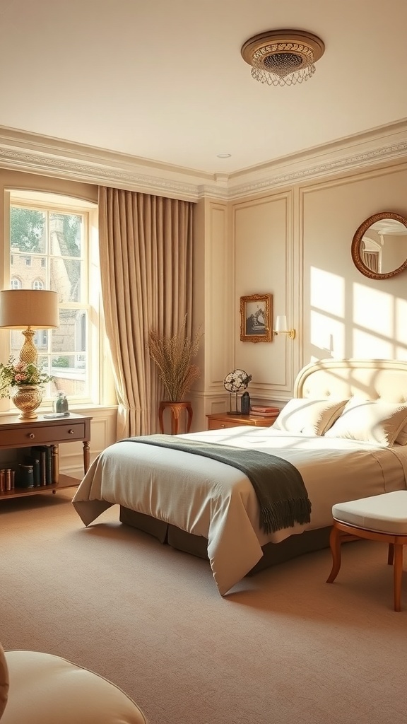 A luxurious Art Deco bedroom featuring soft beige walls, elegant furniture, and contrasting dark accents.