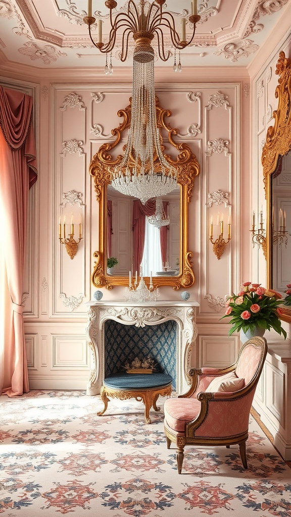 A beautifully designed Rococo interior featuring pink walls, gold accents, and elegant furnishings.