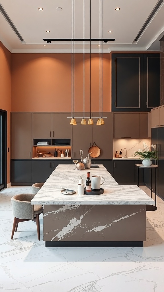 Modern kitchen with a sophisticated color palette featuring warm walls, dark cabinetry, and a marble countertop.