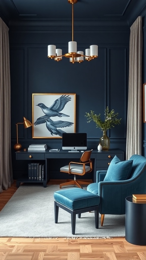 A modern home office with navy walls, gold accents, and teal furniture.