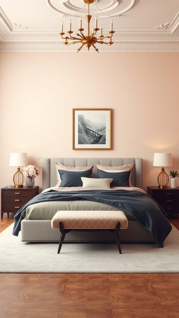 Luxurious bedroom with soft pink walls, elegant bedding, and gold accents.