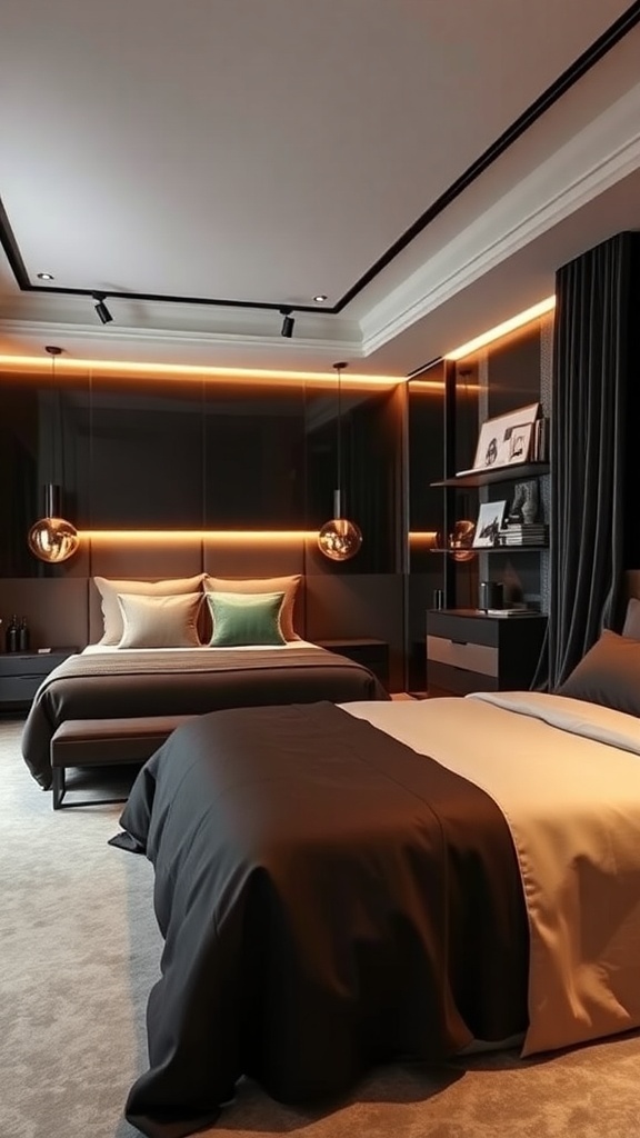 A modern bedroom with dark bedding, warm lighting, and green accent pillows.