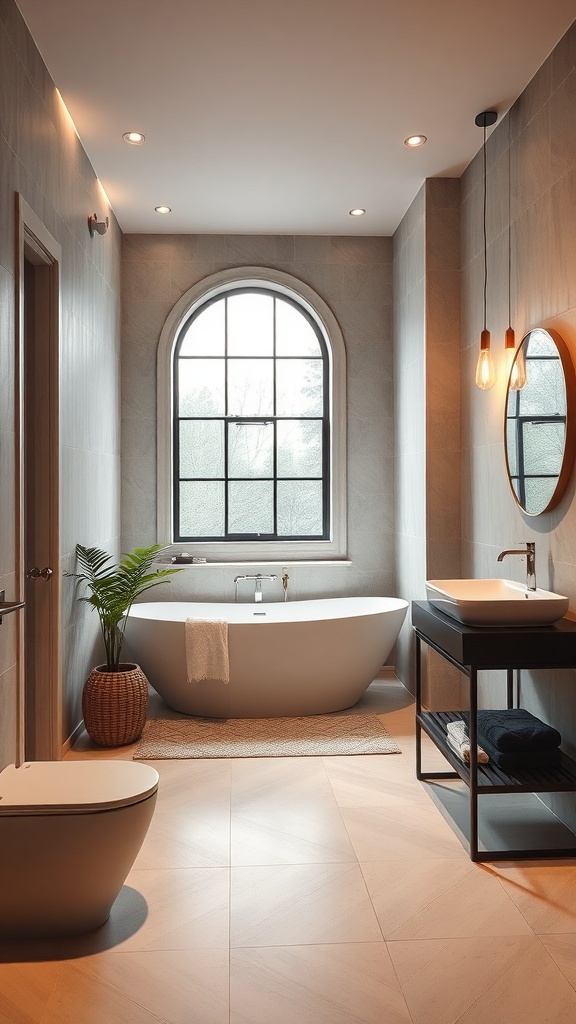 A modern bathroom featuring neutral tones, a freestanding bathtub, and stylish fixtures.