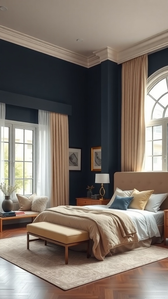 A luxurious bedroom featuring navy walls, beige accents, and natural light.