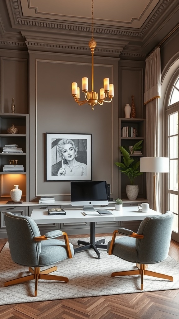 A stylish home office featuring a neutral color palette with elegant furniture and decor.