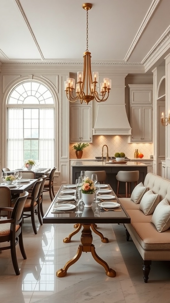 A sophisticated dining room featuring a stylish table, elegant chairs, and a beautiful chandelier.
