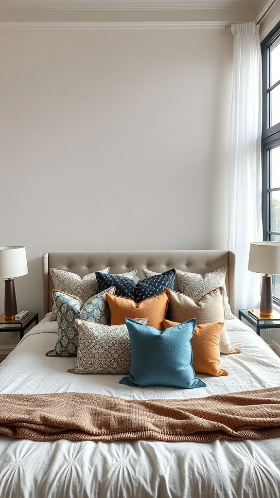 A bed with a variety of decorative pillows in different colors and patterns, creating a cozy and stylish look.