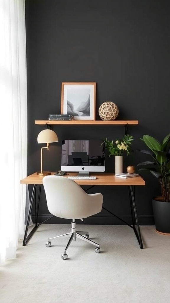 Modern home office with a wooden desk, white chair, and dark wall