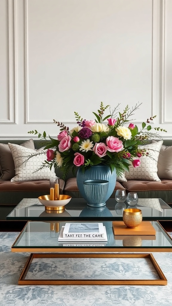 A stylish coffee table arrangement featuring a large floral centerpiece, gold accents, and a glass top.
