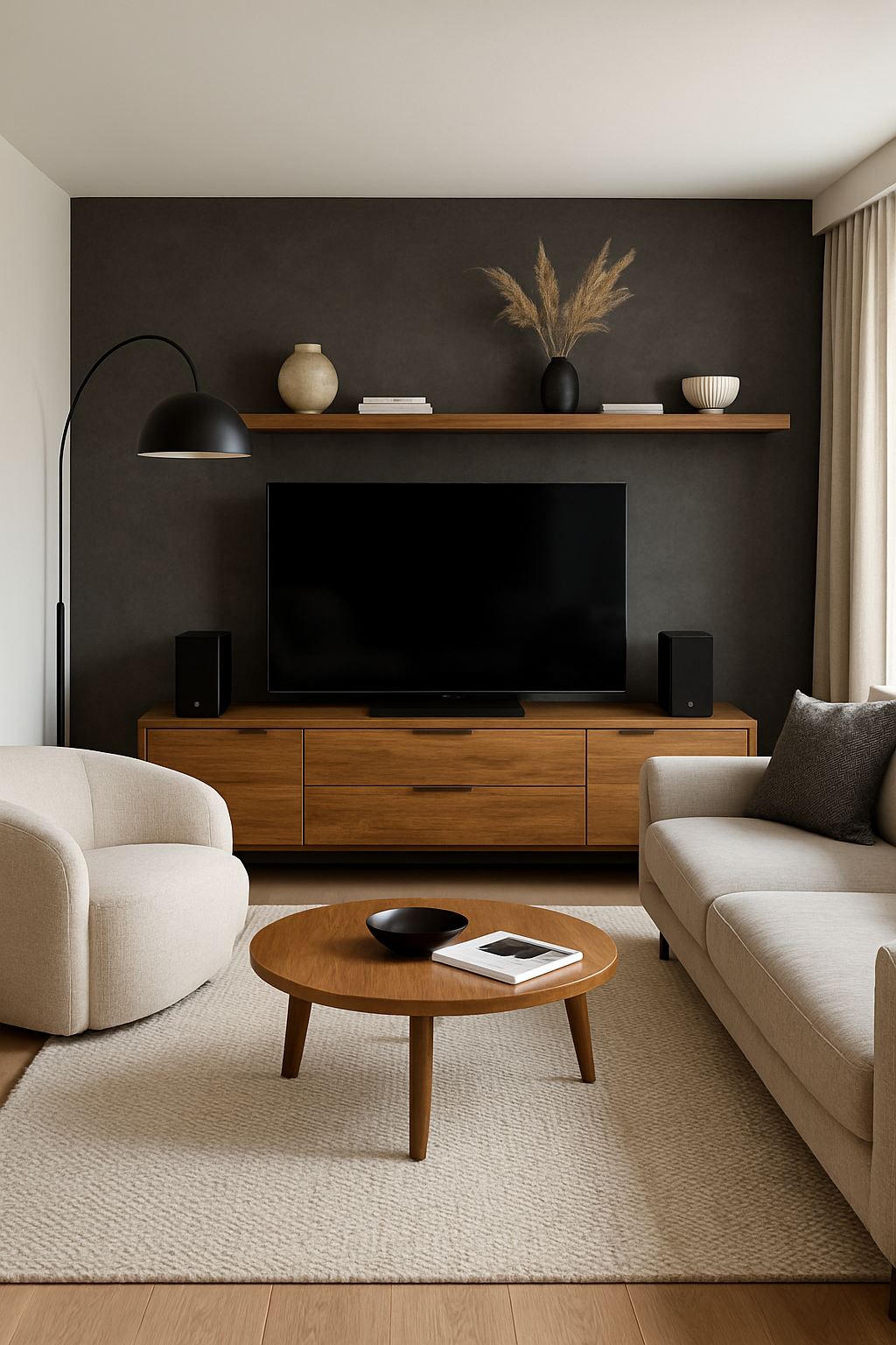 Maximalistisches Luxus-Wohnzimmer mit modernen Möbeln und einem großen Fernseher