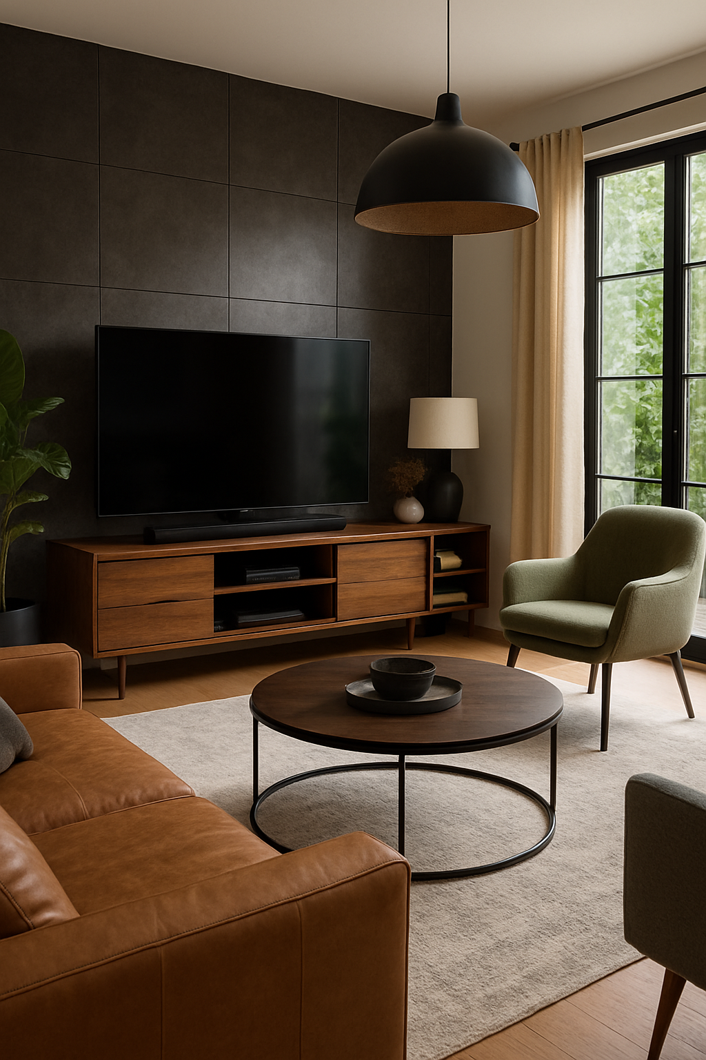 Maximalistisches Luxus-Wohnzimmer mit modernen Möbeln und einem großen Fernseher