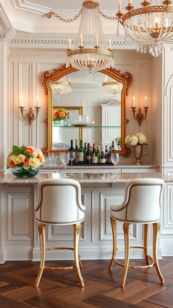 Sophisticated home bar with crystal accents, elegant chairs, and a stylish mirror.