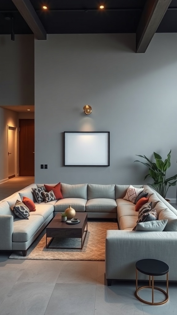 A sophisticated lounge bar setup featuring a sunken couch with accent pillows, a coffee table, and a plant.