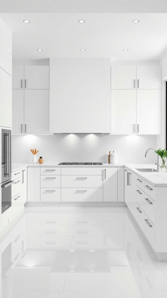 A modern white kitchen with sleek cabinets and shiny surfaces.