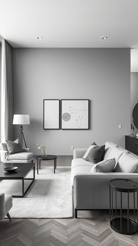 A chic living room with a monochrome palette featuring gray walls, a light gray sofa, and modern furniture.