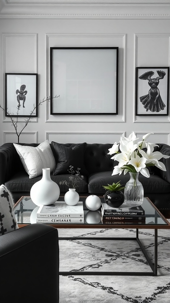 A stylish black and white coffee table arrangement with decorative vases and flowers.