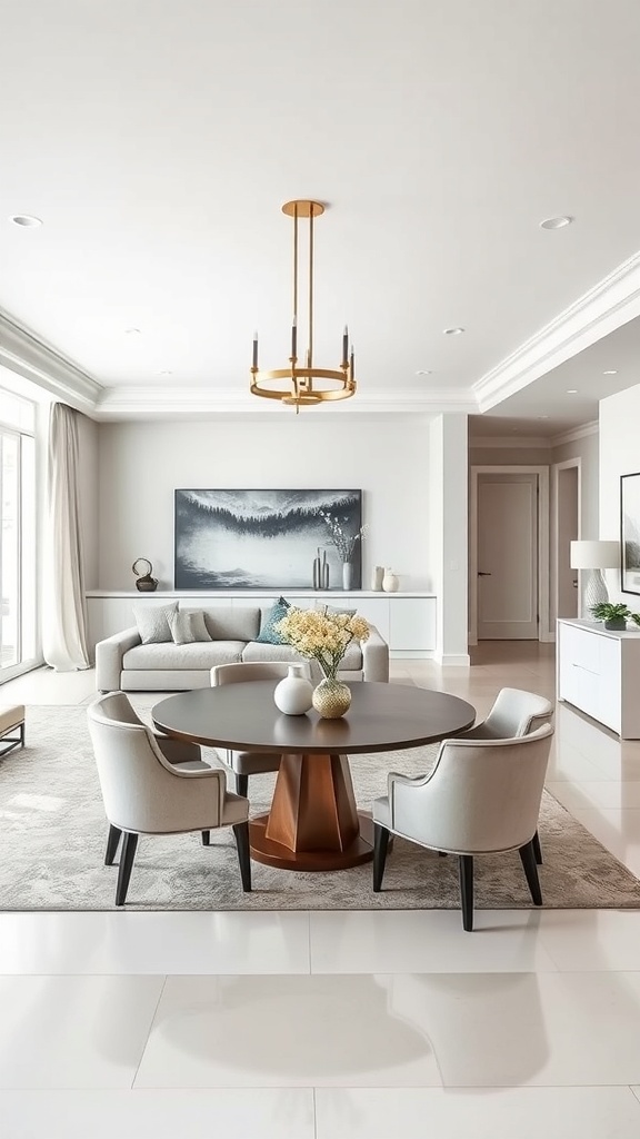 A stylish open concept living and dining room featuring neutral colors, a round dining table, and a cozy sofa.