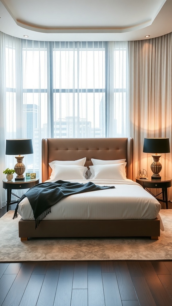 A luxurious bedroom featuring sophisticated nightstands with stylish lamps and elegant decor.