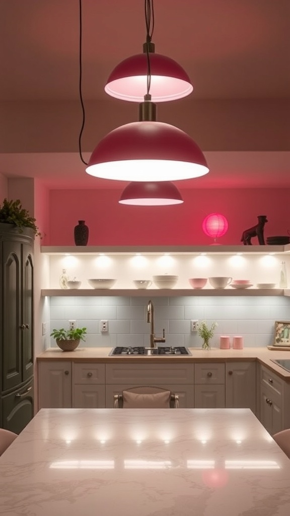 Modern pink kitchen with stylish pink lighting fixtures