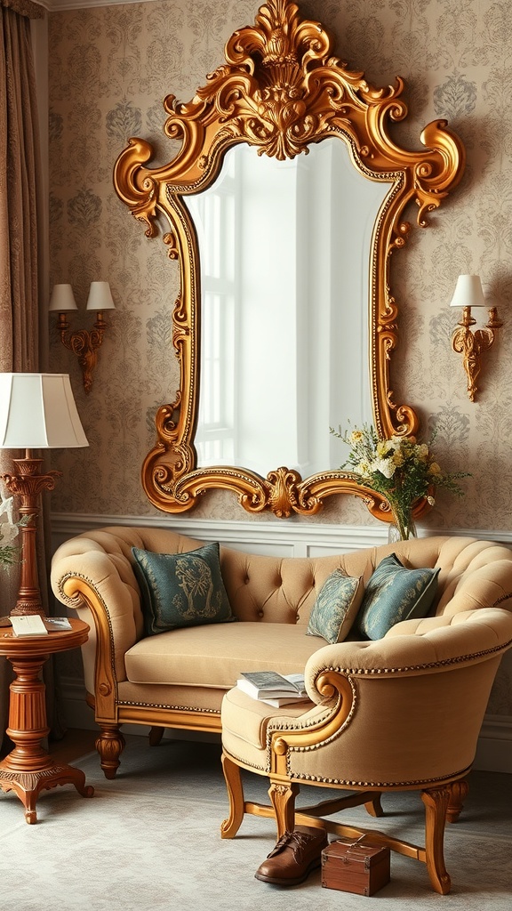 A cozy reading nook featuring a vintage Rococo style with ornate gold mirrors, plush seating, and decorative pillows.