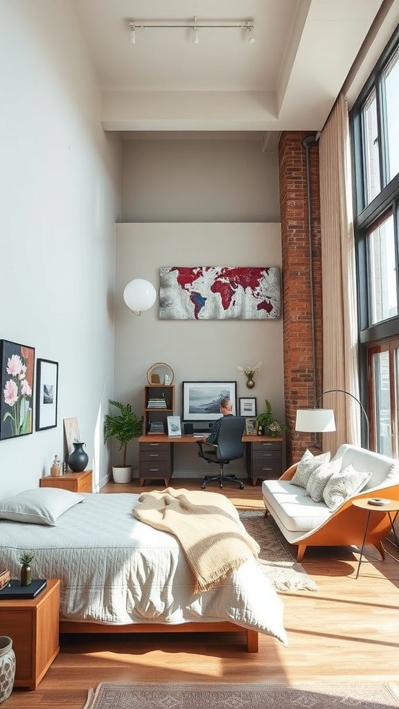 A sophisticated urban loft featuring a cozy bedroom area, a stylish workspace, and large windows with natural light.