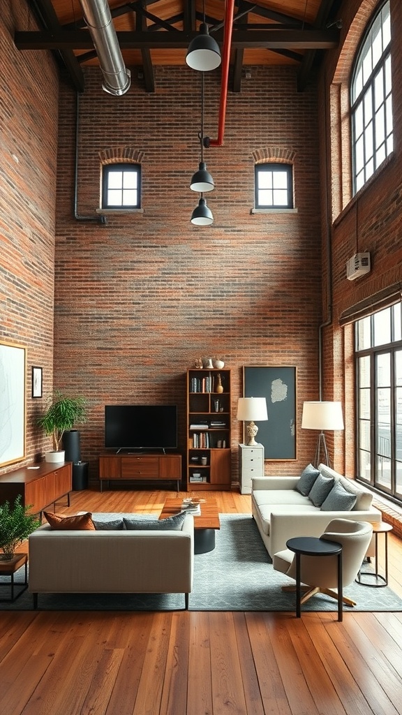 A sophisticated urban loft featuring exposed brick walls, wooden floors, and modern furniture.