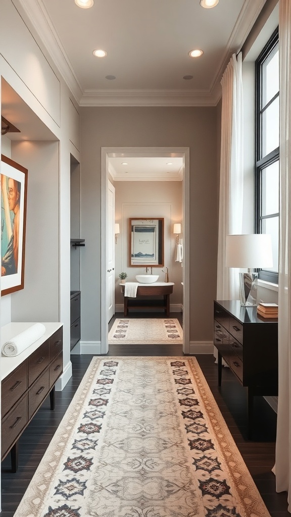 A sophisticated walk-through closet leading to a bathroom, featuring artwork, dark wood cabinetry, and a plush runner rug.