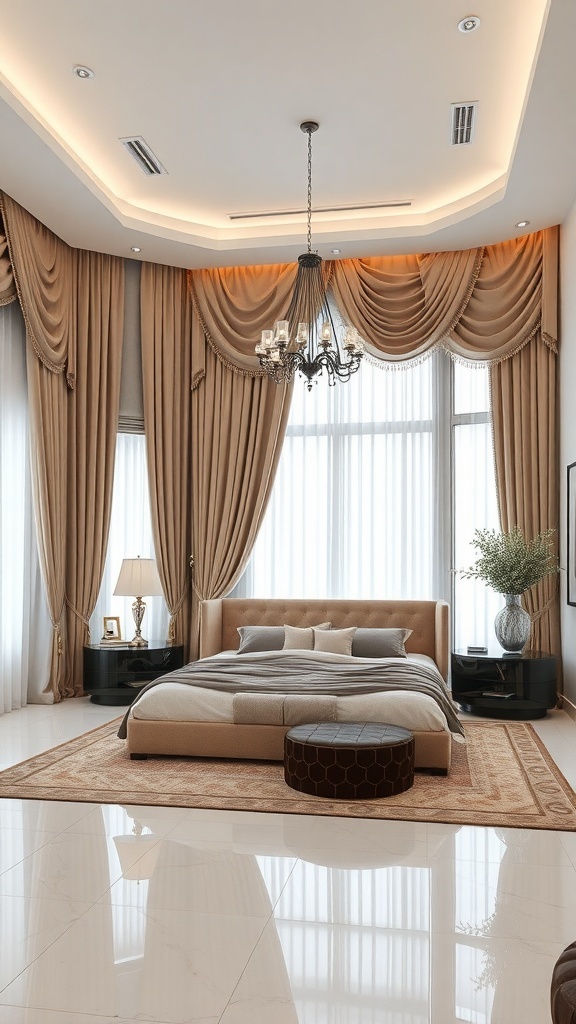 Luxurious bedroom with sophisticated window treatments and elegant decor.