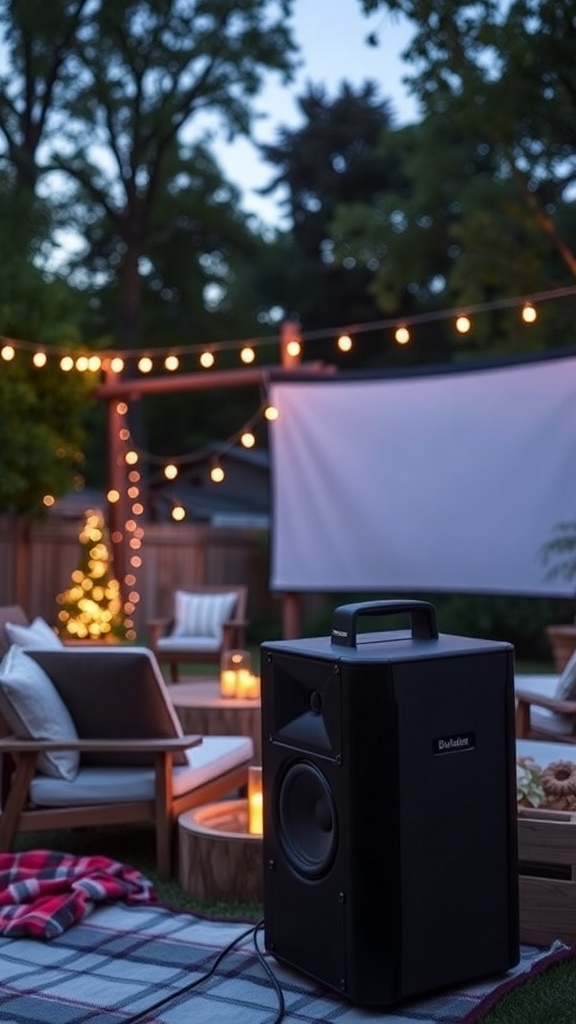 A cozy outdoor cinema setup featuring a portable speaker, string lights, and comfortable seating.