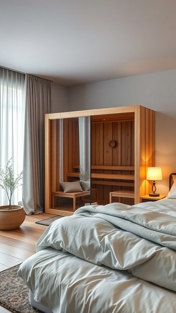 A modern sound therapy sauna with wooden design, comfortable seating, and natural light.