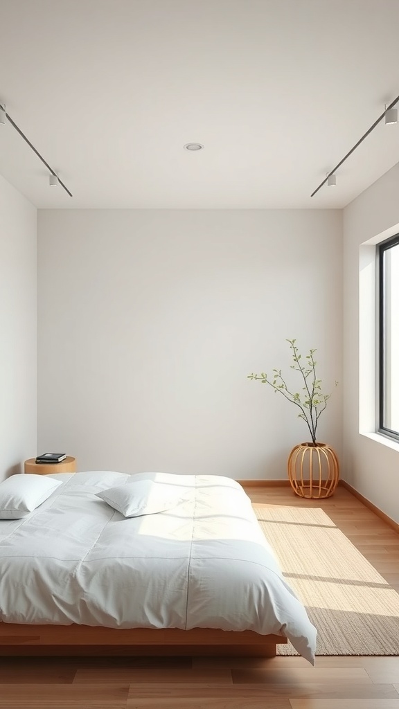 A minimalist Japanese bedroom featuring a low bed, natural light, and a simple decor.