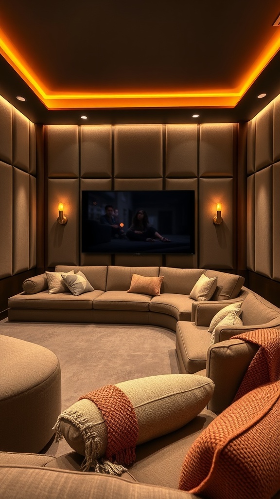 Cozy home theater with plush seating and warm lighting