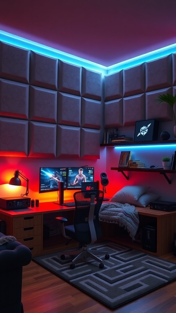 A modern gaming bedroom with soundproof panels, LED lights, and a stylish setup.
