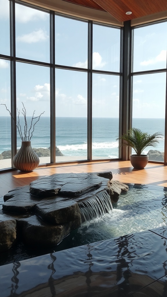 Interior with a waterfall feature, large windows showing ocean view, and plants.