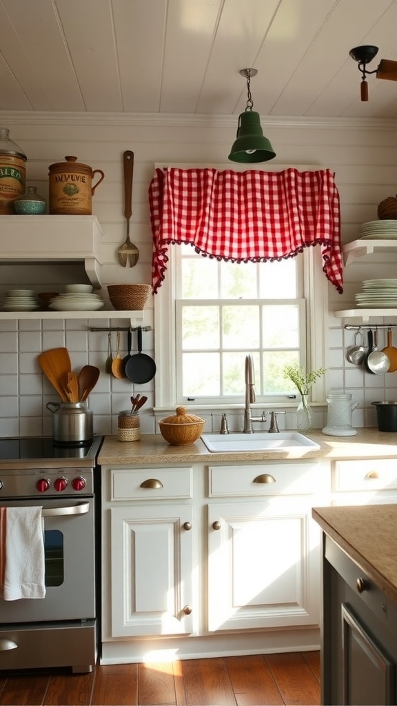 A cozy Southern-inspired kitchen with red gingham curtains, wooden utensils, and vintage canisters.