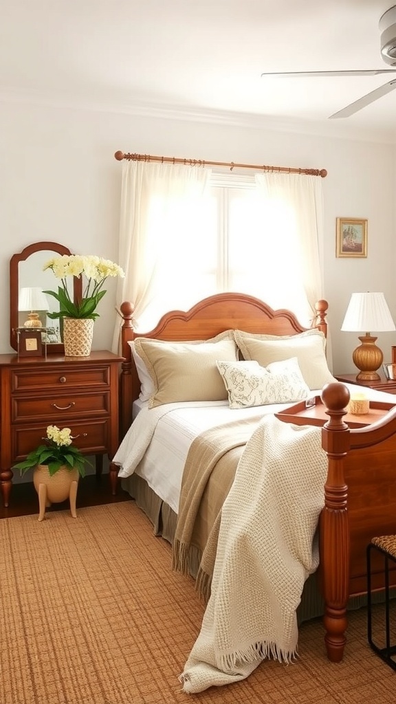 A cozy Southern style bedroom featuring wooden furniture, soft bedding, and natural light.