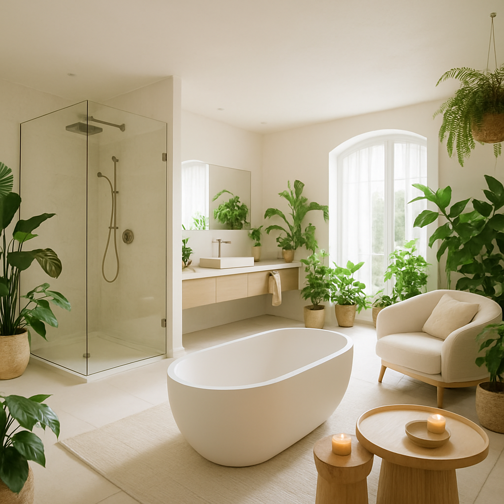 Ein modernes Badezimmer mit einer Walk-In-Dusche, einer freistehenden Badewanne und vielen Pflanzen.