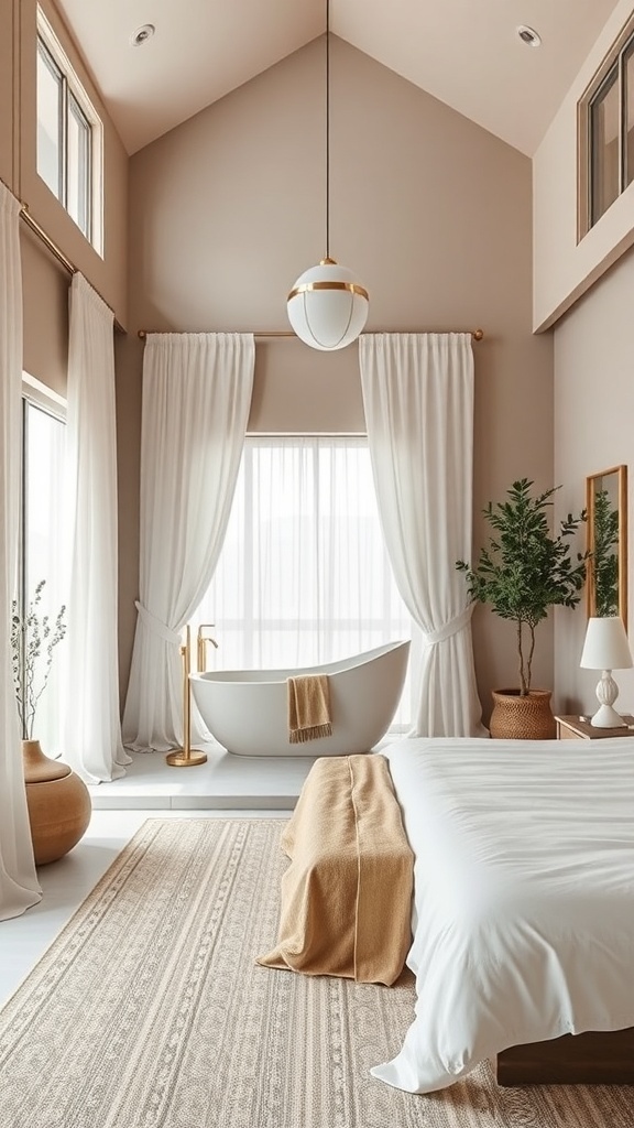 A serene Japandi-inspired bedroom with a freestanding bathtub, natural light, and soft textiles.