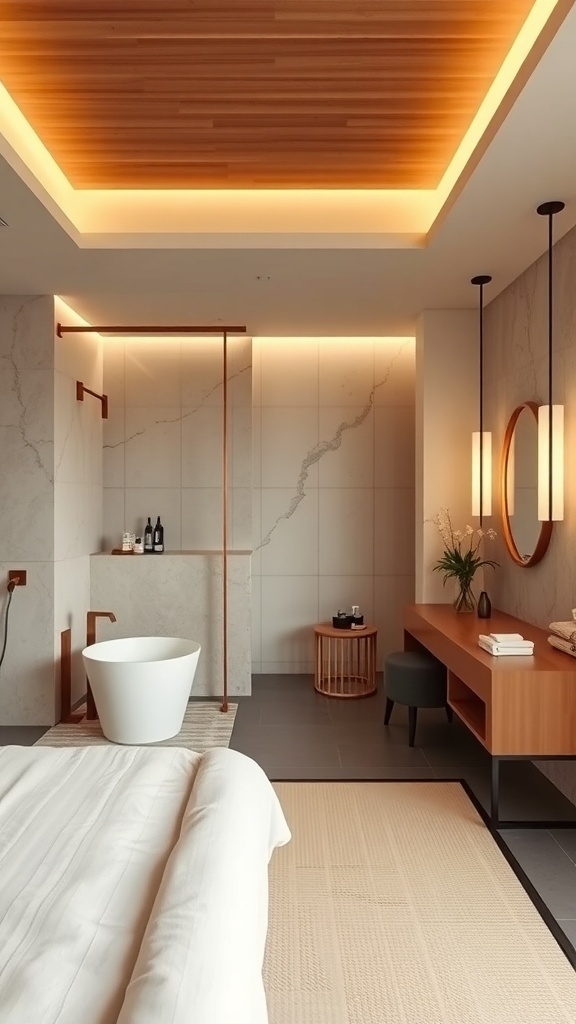 A modern Japandi-inspired bathroom featuring a freestanding tub, wooden ceiling, and minimalist decor.