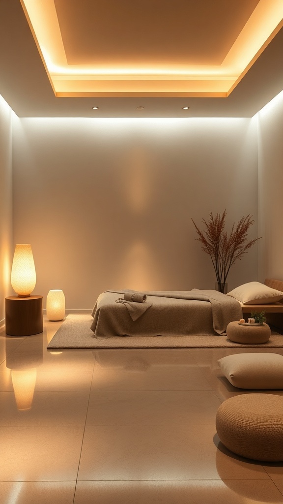 A serene bedroom with warm, soft lighting, featuring a cozy bed, plants, and stylish lamps.