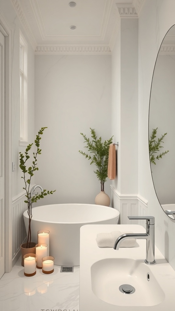 A modern bathroom featuring a freestanding tub, candles, and plants, designed for relaxation.