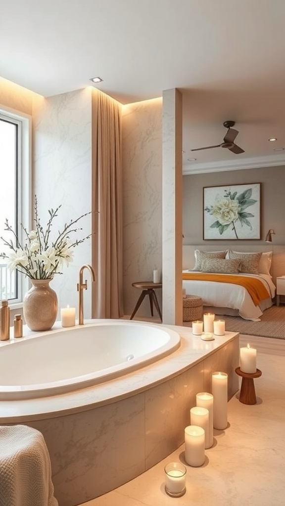 A serene bathroom featuring a modern bathtub, candles, and a cozy atmosphere.