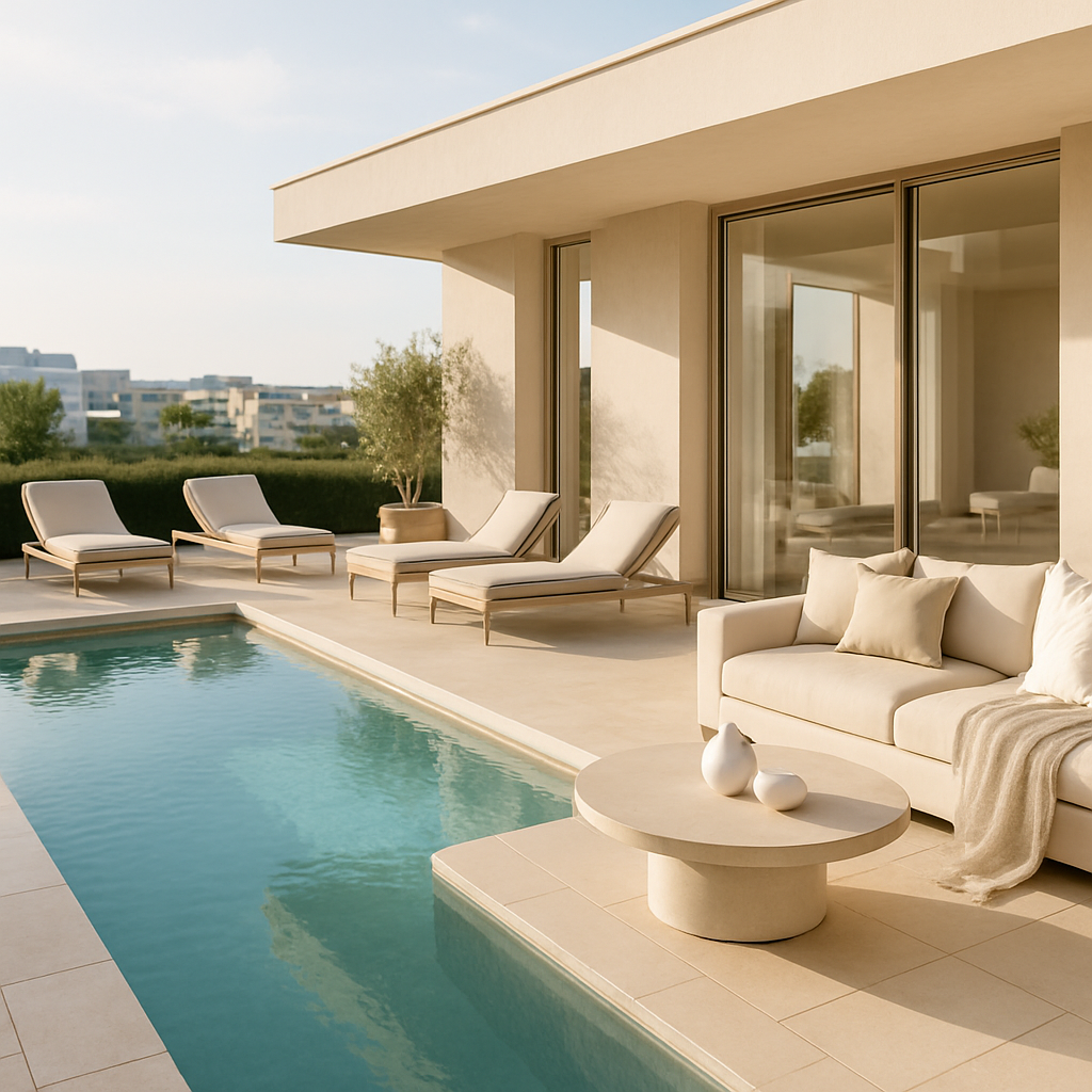Ein moderner Poolbereich mit Liegen und einem Sofa, umgeben von Pflanzen.