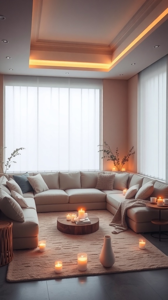 A cozy sunken sofa setup with candles, soft cushions, and natural light creating a serene atmosphere.