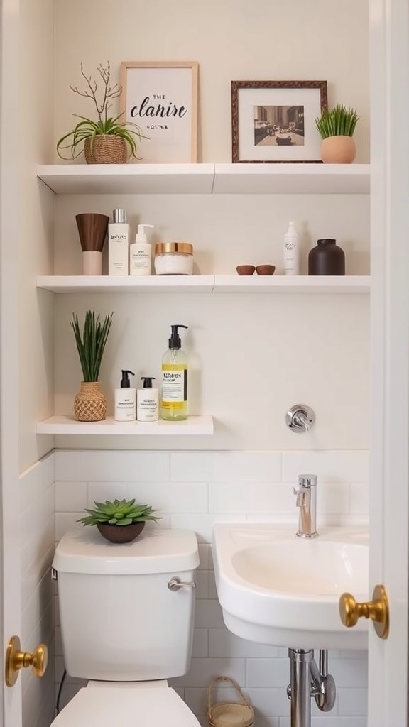 A small bathroom with corner shelves above the toilet, featuring a plant and decorative items.