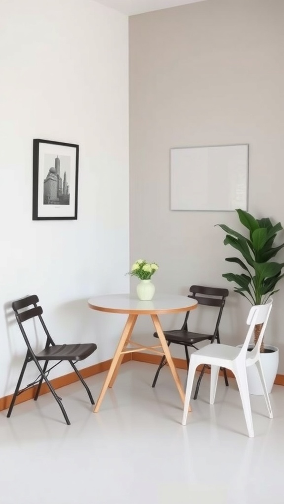 A small round dining table with two folding chairs and a plant in a minimalist setting.