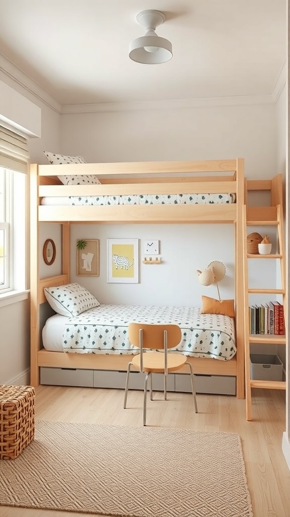 A small kids' bedroom featuring a space-saving loft bed with a cozy sleeping area on top and a play area below.