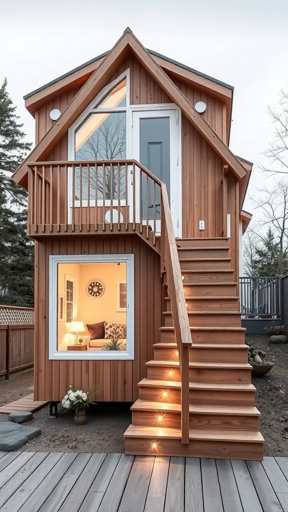 A wooden staircase leading to a tiny house with built-in lighting, showcasing a cozy design.