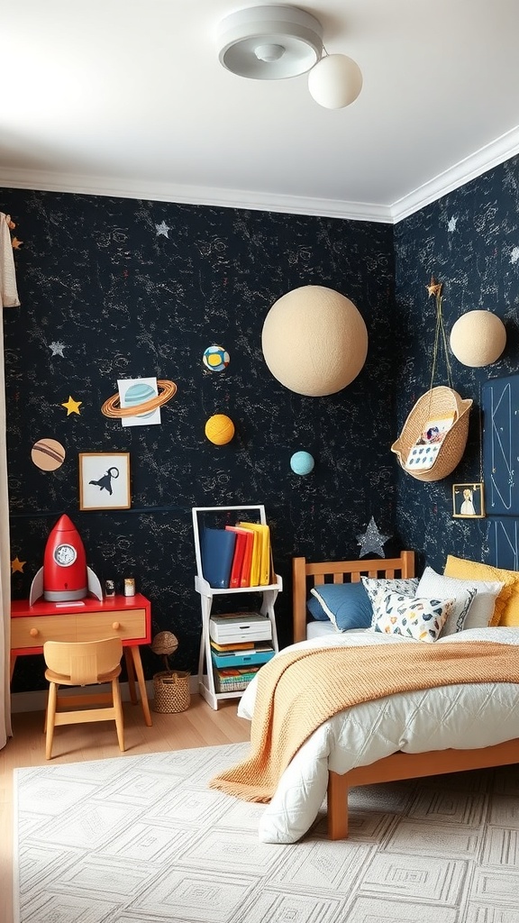 A cozy kids bedroom with space-themed decor, featuring a bed, desk, and planets on the walls.