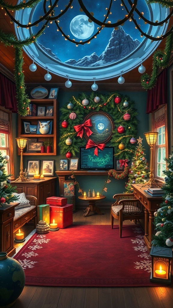 A cozy holiday-themed room decorated with festive ornaments, a wreath, and a glowing screen, creating a warm atmosphere.